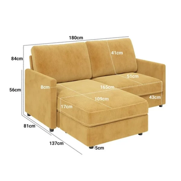 Canapé d’angle réversible fixe 2 / 3 places Velours côtelé Jaune poussin, Canapé confortable en forme de L pour le salon,180×137×84cm