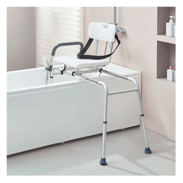 Banc de Transfert Baignoire Coulissant, Sièges de Douche Antidérapant, Banc d’Accès au Bain avec Siège Découpé, Hauteur Réglable et Dossier Réversible, pour Personnes Âgées et Handicapées