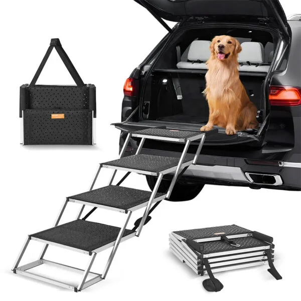 Escalier pour chien 4 marches, rampe voiture pour chiens pliable, charge 113 kg, surface antidérapante, aluminium léger, large marchepied portable pour animaux de compagnie, voiture, SUV, camion
