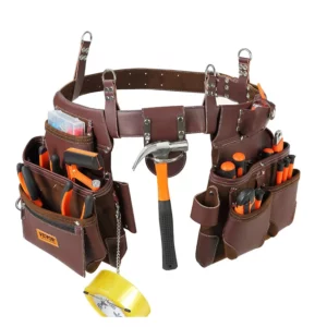 Ceinture à outils, 22 poches, ceinture porte-outil tour de taille 73,6-137,2 cm, sac à outils en PU amovible pour électricien, charpentier, bricoleur, menuisier, construction, encadreur, marron