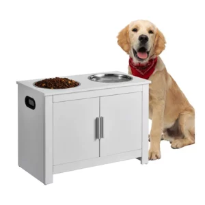 Station d’alimentation pour animaux de compagnie avec 2 gamelles en acier inoxydable, gamelles surélevées pour chiens avec rangement, station de rangement pour croquettes et jouets pour chiens, style moderne