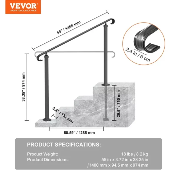 Garde-Corps Rampe Escalier Main Courante en Fer Forgé Balustrade Rambarde 3 Marches Réglable 48 cm Angle 0-52,8°