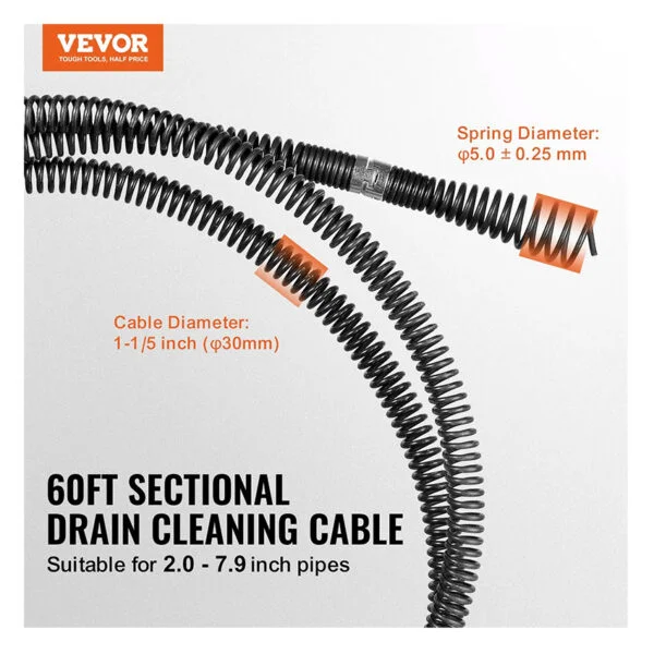 Câble de débouchage 18,3 m, câble professionnel sectionnel avec 6 lames pour tuyaux de 5 à 20 cm de diamètre, câble de débouchage à âme creuse pour évier, siphon de sol et toilettes VEVOR