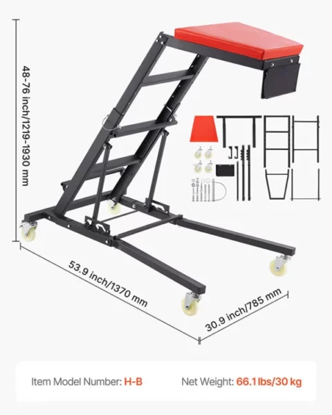 Sommier de Mécanicien Surélevé Chariot de Mécanicien Haut Profil Hauteur Réglable 122-193 cm Charge 181 kg Escabeau de Travail pour Accès Facile au Moteur Auto Camion Tracteur Pick-up