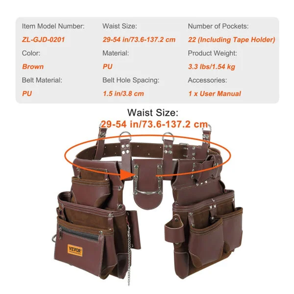 Ceinture à outils, 22 poches, ceinture porte-outil tour de taille 73,6-137,2 cm, sac à outils en PU amovible pour électricien, charpentier, bricoleur, menuisier, construction, encadreur, marron