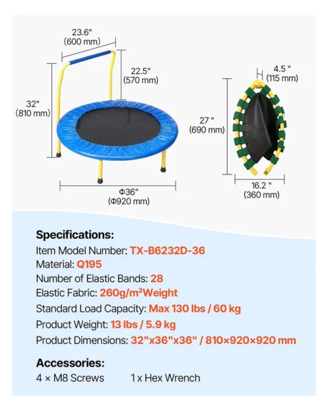 Trampoline pour Enfants 92 cm Mini Trampoline Extérieur Intérieur Pliable pour Tout-petits avec Poignée Mousse Trampoline Récréatif Exercices Cadeau d’Anniversaire pour Enfants de 3 ans et Plus