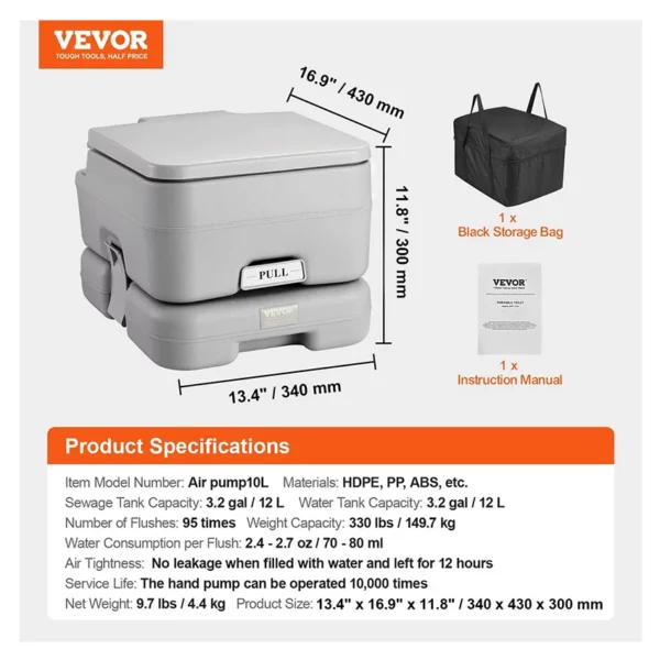 Toilettes portables pour le camping avec sac de transport, toilettes pour camping-car avec réservoir à déchets de 12 litres, chasse d’eau sous pression par bouton-poussoir, toilettes de voyage étanches et sans odeur pour adultes et enfants en camping-car