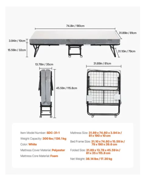 Lit d’appoint pliant avec matelas de 10 cm lit simple pliable avec matelas à mémoire de forme (190 x 81 cm) capacité de charge de 136,1 kg lit d’appoint en métal pour adulte, idéal pour chambre ou salon.