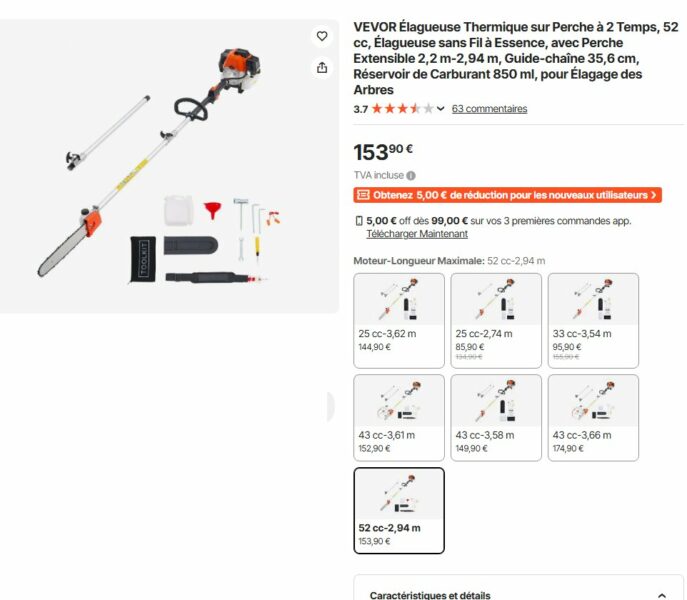 Tronçonneuse Élagueuse sur perche thermique 33 cm³ Vevor