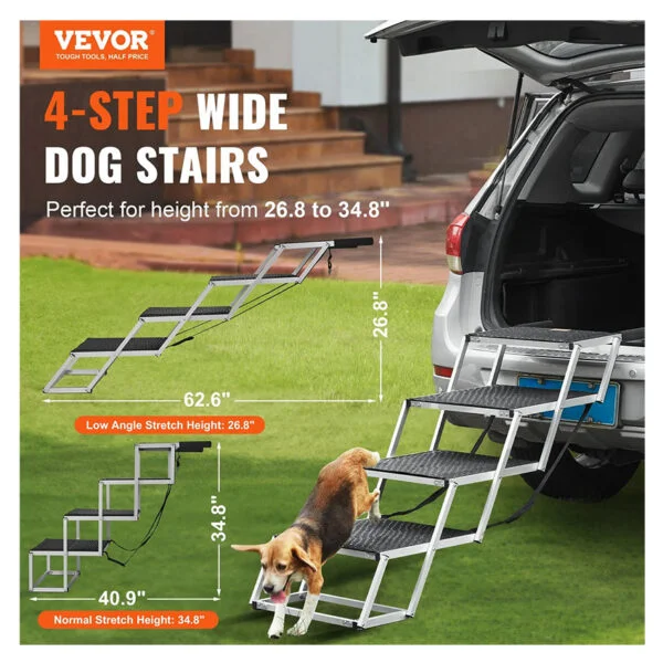 Escalier pour chien 4 marches, rampe voiture pour chiens pliable, charge 113 kg, surface antidérapante, aluminium léger, large marchepied portable pour animaux de compagnie, voiture, SUV, camion