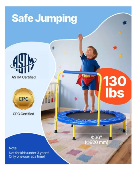 Trampoline pour Enfants 92 cm Mini Trampoline Extérieur Intérieur Pliable pour Tout-petits avec Poignée Mousse Trampoline Récréatif Exercices Cadeau d’Anniversaire pour Enfants de 3 ans et Plus