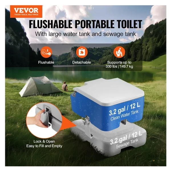 Toilettes portables pour le camping avec sac de transport, toilettes pour camping-car avec réservoir à déchets de 12 litres, chasse d’eau sous pression par bouton-poussoir, toilettes de voyage étanches et sans odeur pour adultes et enfants en camping-car