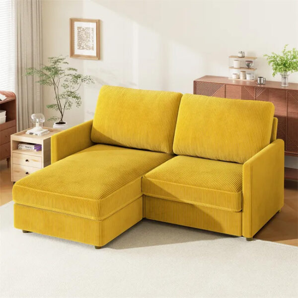 Canapé d’angle réversible fixe 2 / 3 places Velours côtelé Jaune poussin, Canapé confortable en forme de L pour le salon,180×137×84cm
