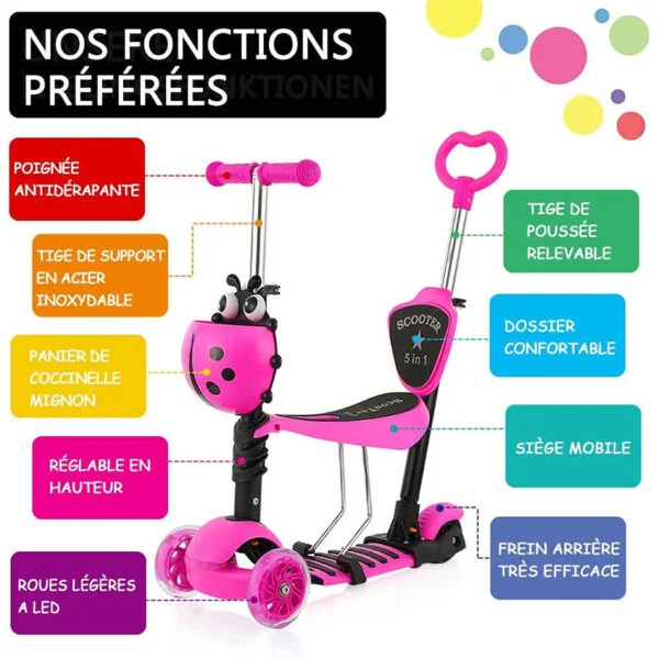 Trottinette 3 Roues avec Siège 5 en 1 Plateau Antidérapant LED, Patinette réglable en Hauteur, Classiques, Idéal Cadeau pour Enfants 2 a 6 Ans