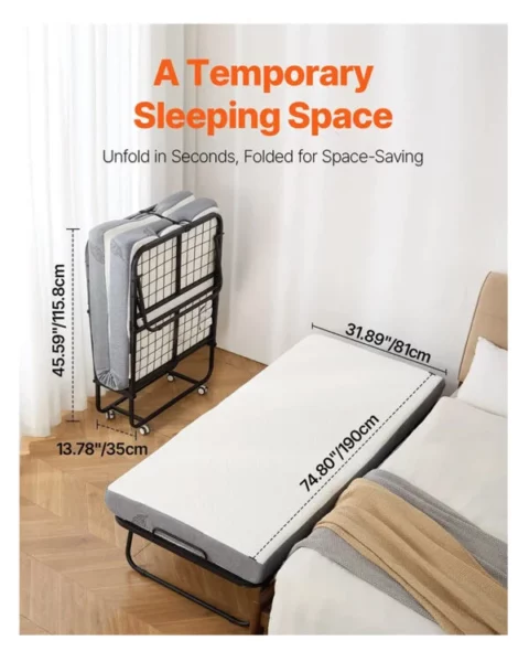 Lit d’appoint pliant avec matelas de 10 cm lit simple pliable avec matelas à mémoire de forme (190 x 81 cm) capacité de charge de 136,1 kg lit d’appoint en métal pour adulte, idéal pour chambre ou salon.