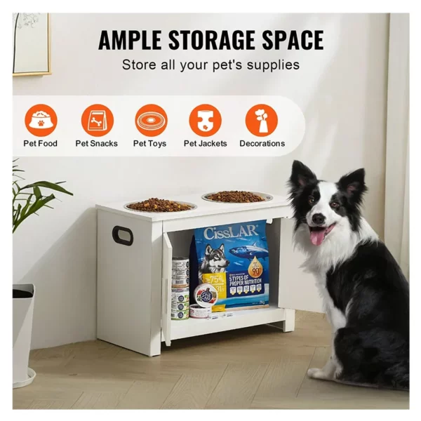 Station d’alimentation pour animaux de compagnie avec 2 gamelles en acier inoxydable, gamelles surélevées pour chiens avec rangement, station de rangement pour croquettes et jouets pour chiens, style moderne