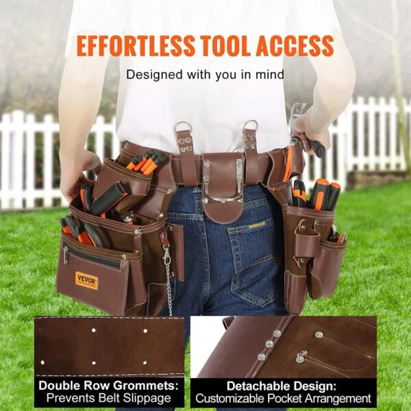 Ceinture à outils, 22 poches, ceinture porte-outil tour de taille 73,6-137,2 cm, sac à outils en PU amovible pour électricien, charpentier, bricoleur, menuisier, construction, encadreur, marron