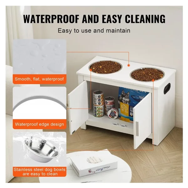 Station d’alimentation pour animaux de compagnie avec 2 gamelles en acier inoxydable, gamelles surélevées pour chiens avec rangement, station de rangement pour croquettes et jouets pour chiens, style moderne