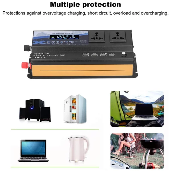 Onduleur sinusoïdal modifié DC 24V à AC 220V 6000W Convertisseur d’alimentation de Voiture avec 4 Ports USB et Prises AC, pour extérieur et Maison (6000w 24V à 220V)