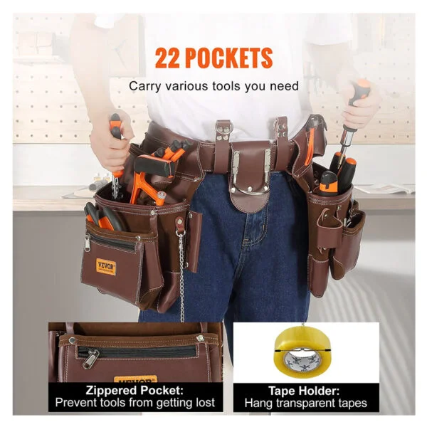 Ceinture à outils, 22 poches, ceinture porte-outil tour de taille 73,6-137,2 cm, sac à outils en PU amovible pour électricien, charpentier, bricoleur, menuisier, construction, encadreur, marron