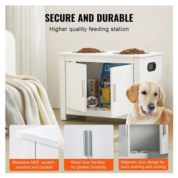 Station d’alimentation pour animaux de compagnie avec 2 gamelles en acier inoxydable, gamelles surélevées pour chiens avec rangement, station de rangement pour croquettes et jouets pour chiens, style moderne