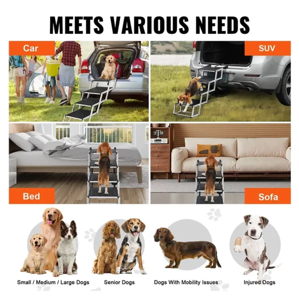 Escalier pour chien 4 marches, rampe voiture pour chiens pliable, charge 113 kg, surface antidérapante, aluminium léger, large marchepied portable pour animaux de compagnie, voiture, SUV, camion