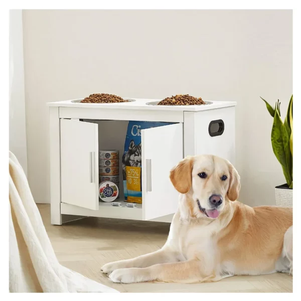 Station d’alimentation pour animaux de compagnie avec 2 gamelles en acier inoxydable, gamelles surélevées pour chiens avec rangement, station de rangement pour croquettes et jouets pour chiens, style moderne