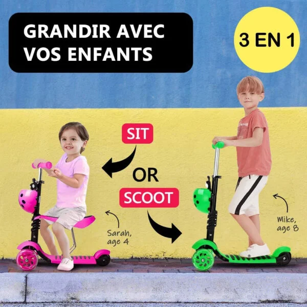 Trottinette 3 Roues avec Siège 5 en 1 Plateau Antidérapant LED, Patinette réglable en Hauteur, Classiques, Idéal Cadeau pour Enfants 2 a 6 Ans