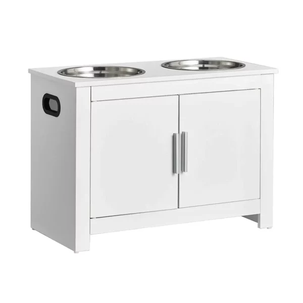 Station d’alimentation pour animaux de compagnie avec 2 gamelles en acier inoxydable, gamelles surélevées pour chiens avec rangement, station de rangement pour croquettes et jouets pour chiens, style moderne