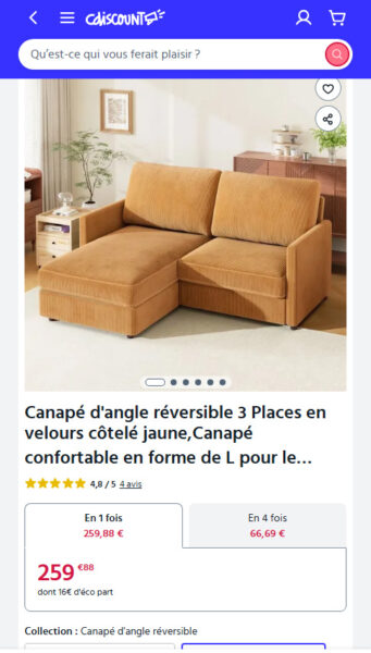 Canapé d’angle réversible fixe 2 / 3 places Velours côtelé Jaune poussin, Canapé confortable en forme de L pour le salon,180×137×84cm